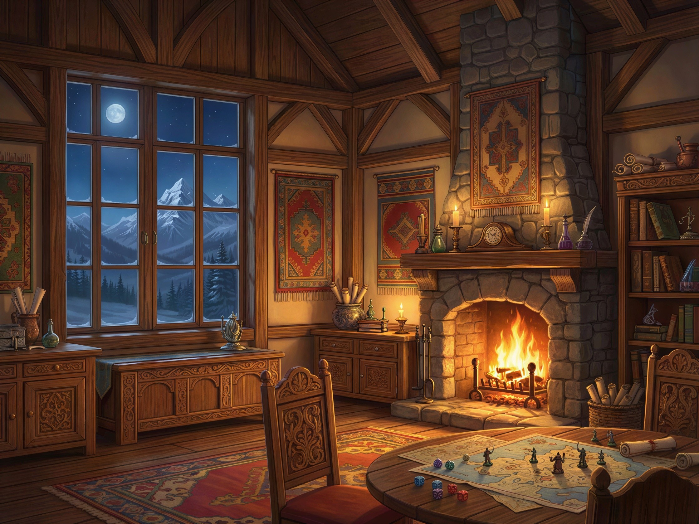 Cozy Fantasy Room with Fireplace and Mountain View