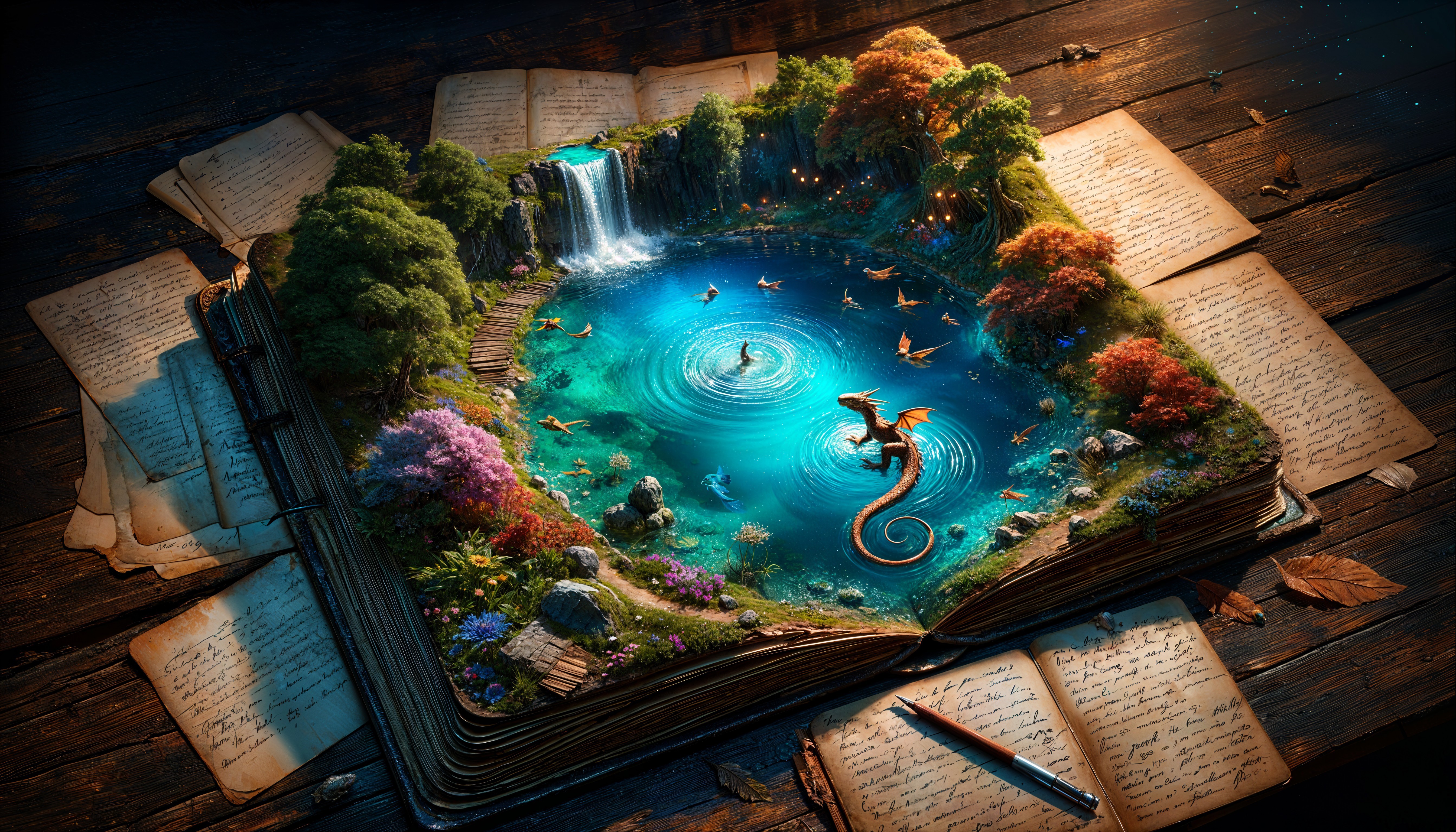 Magical Pond Scene with Autumn Trees and Creatures