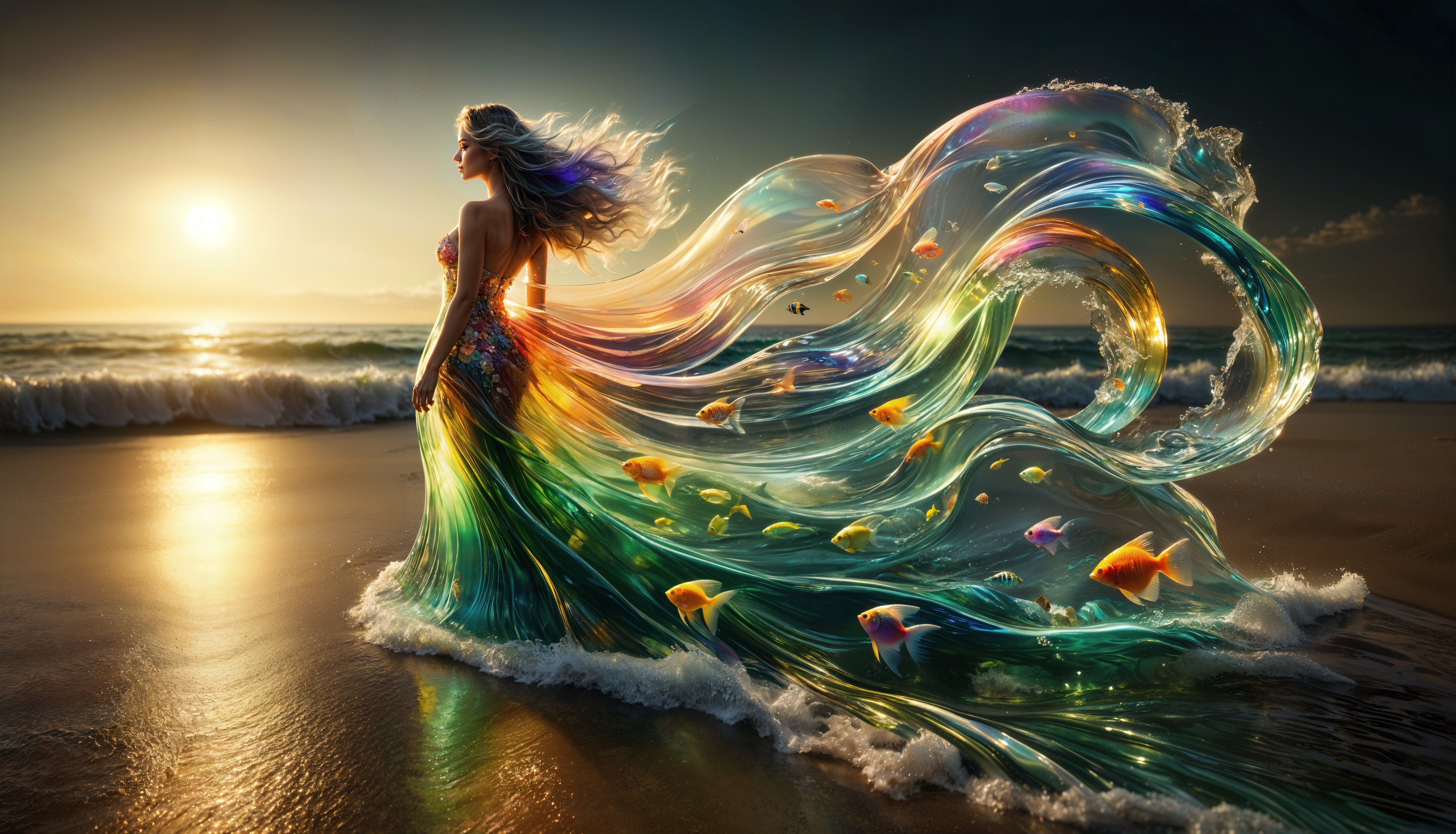 Sunset Scene with Vibrant Gown and Shoreline Elements