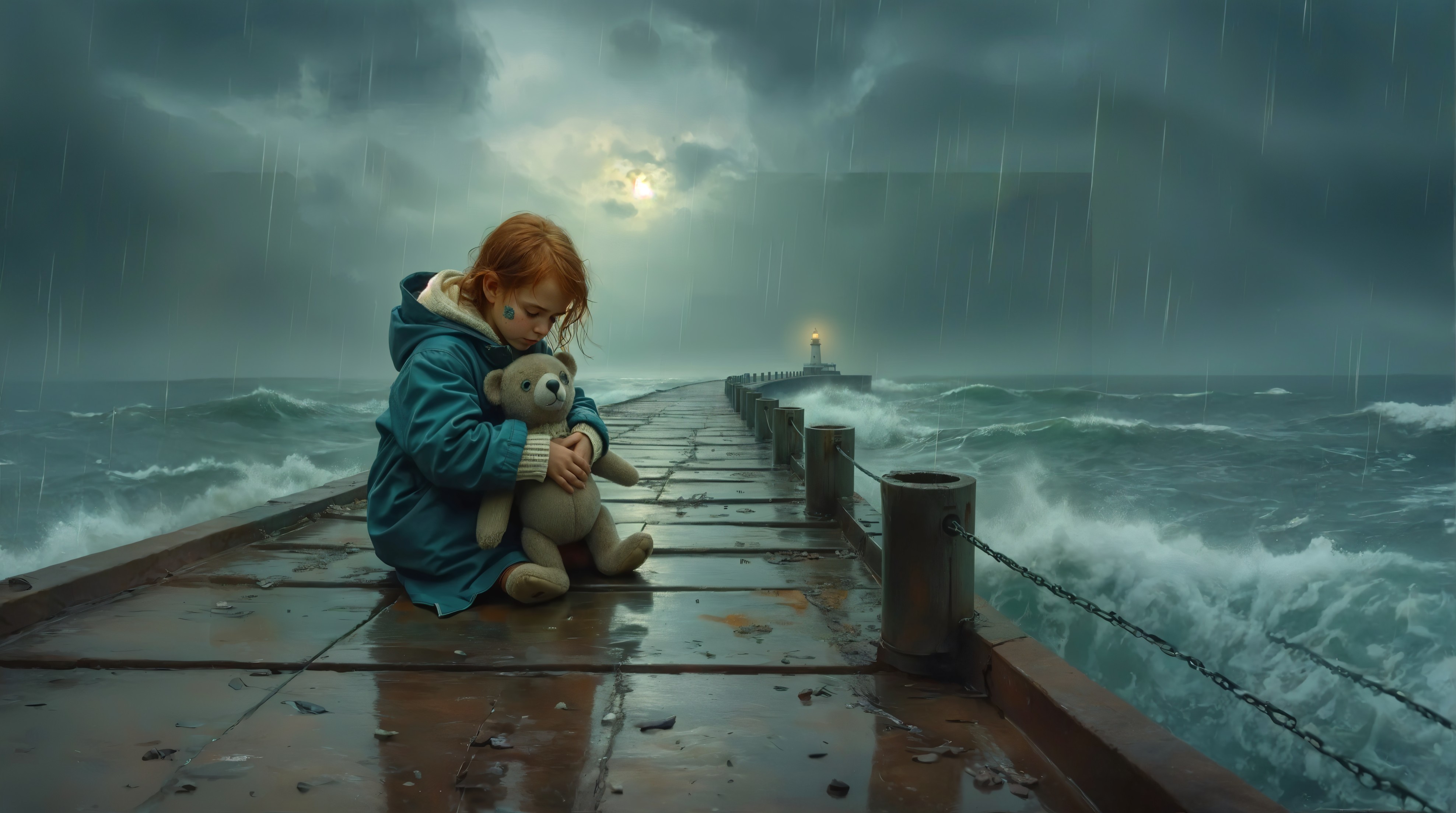 Young girl in blue raincoat on wet pier with teddy bear