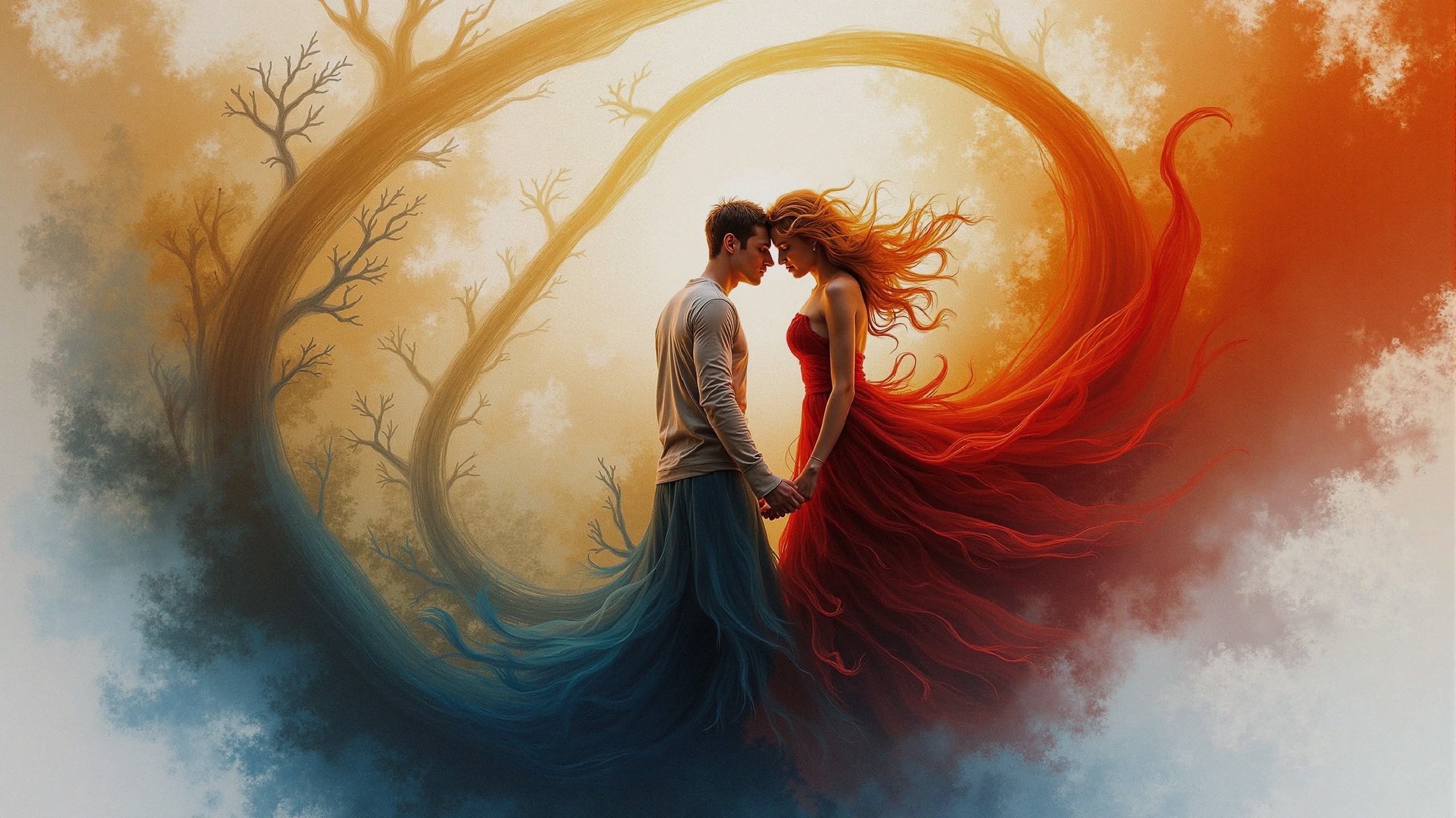 Couple in contrasting colors representing fire and ice