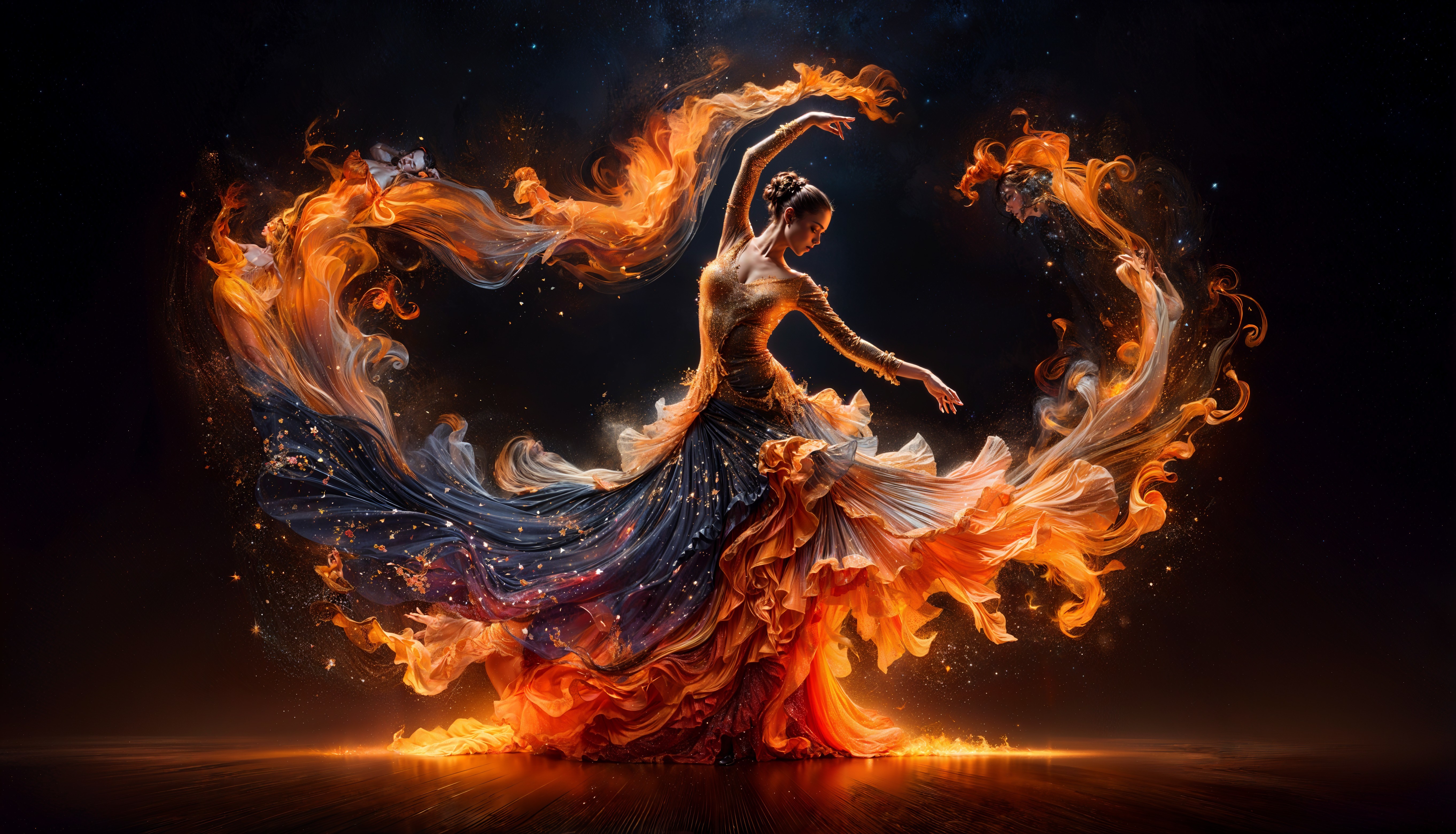 Dancer in Flowing Flame-like Gown with Vibrant Colors
