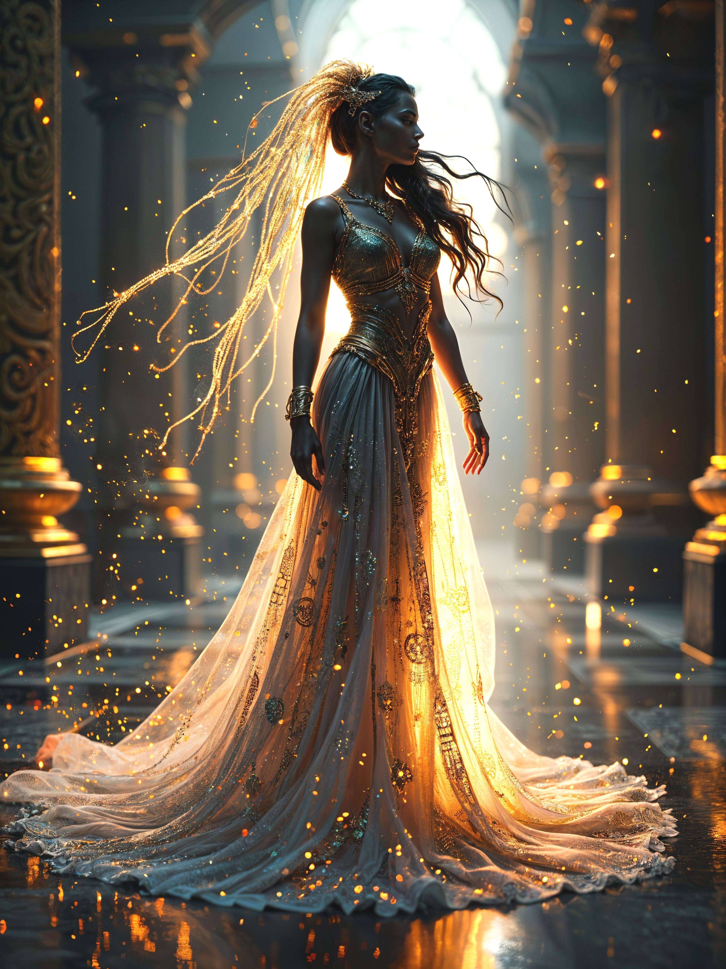 Majestic figure in a grand hall with golden light