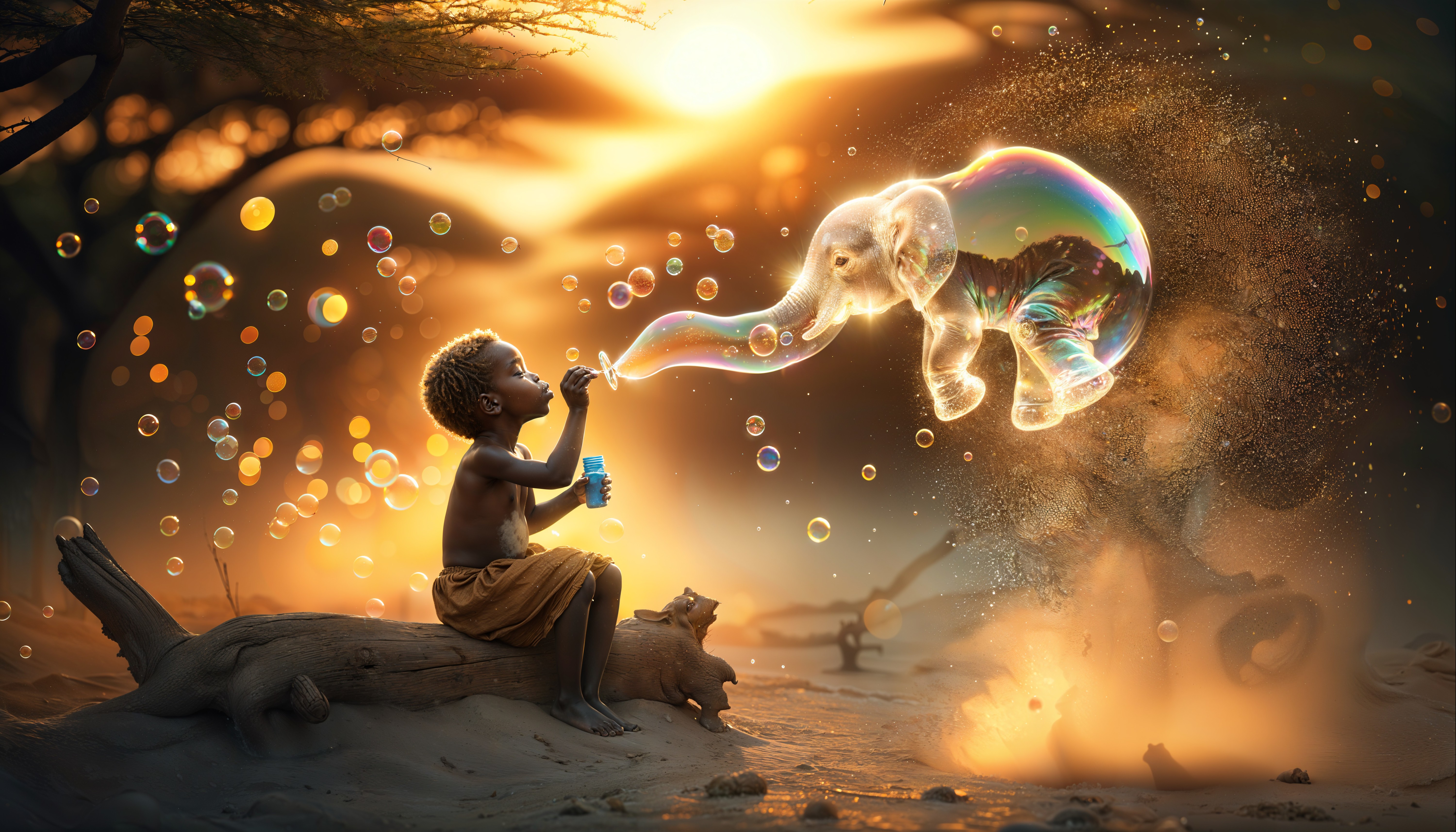 Child Blowing Bubbles with Translucent Elephant in Twilight