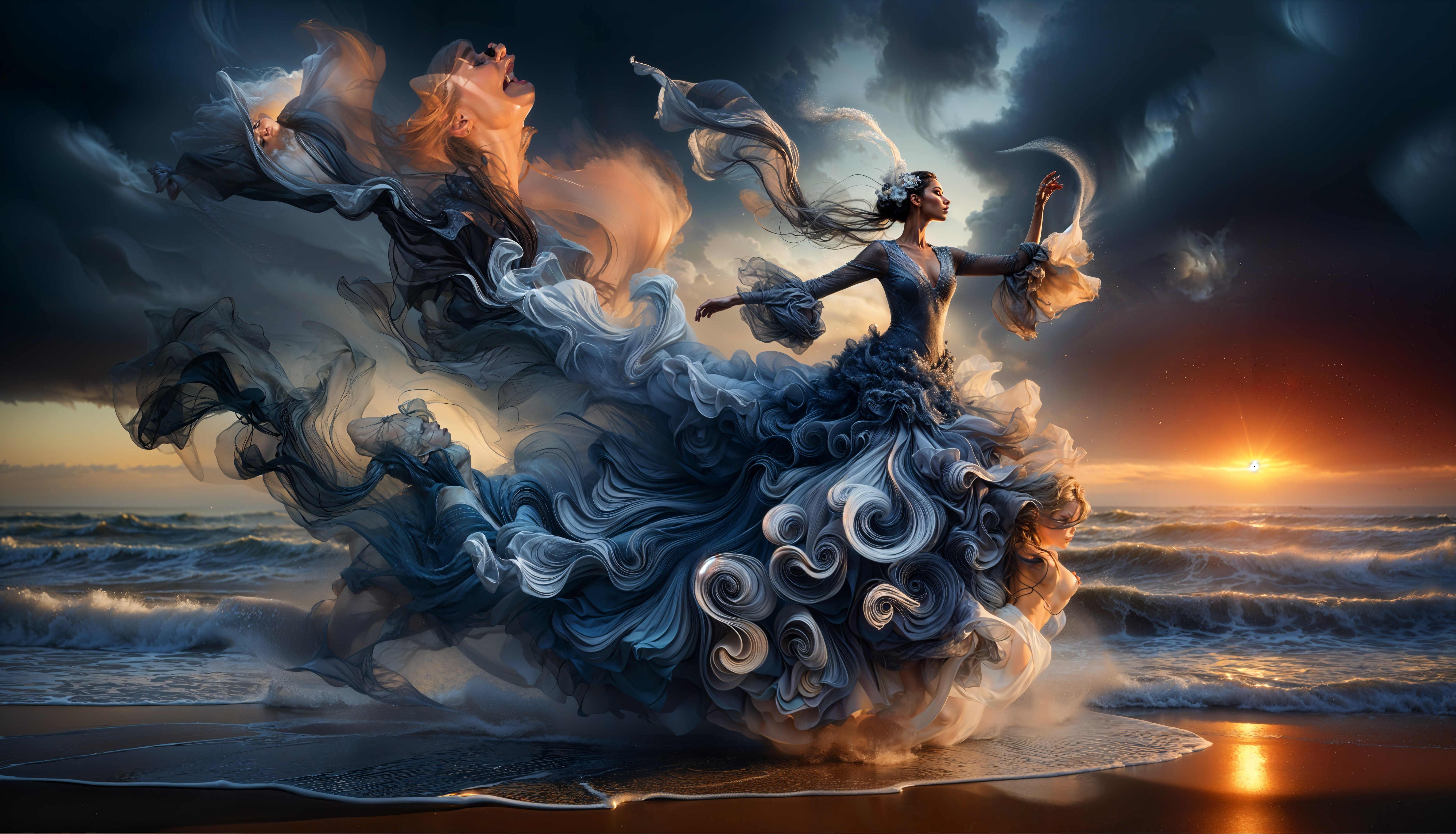 Dramatic Beach Sunset with Flowing Ethereal Gown