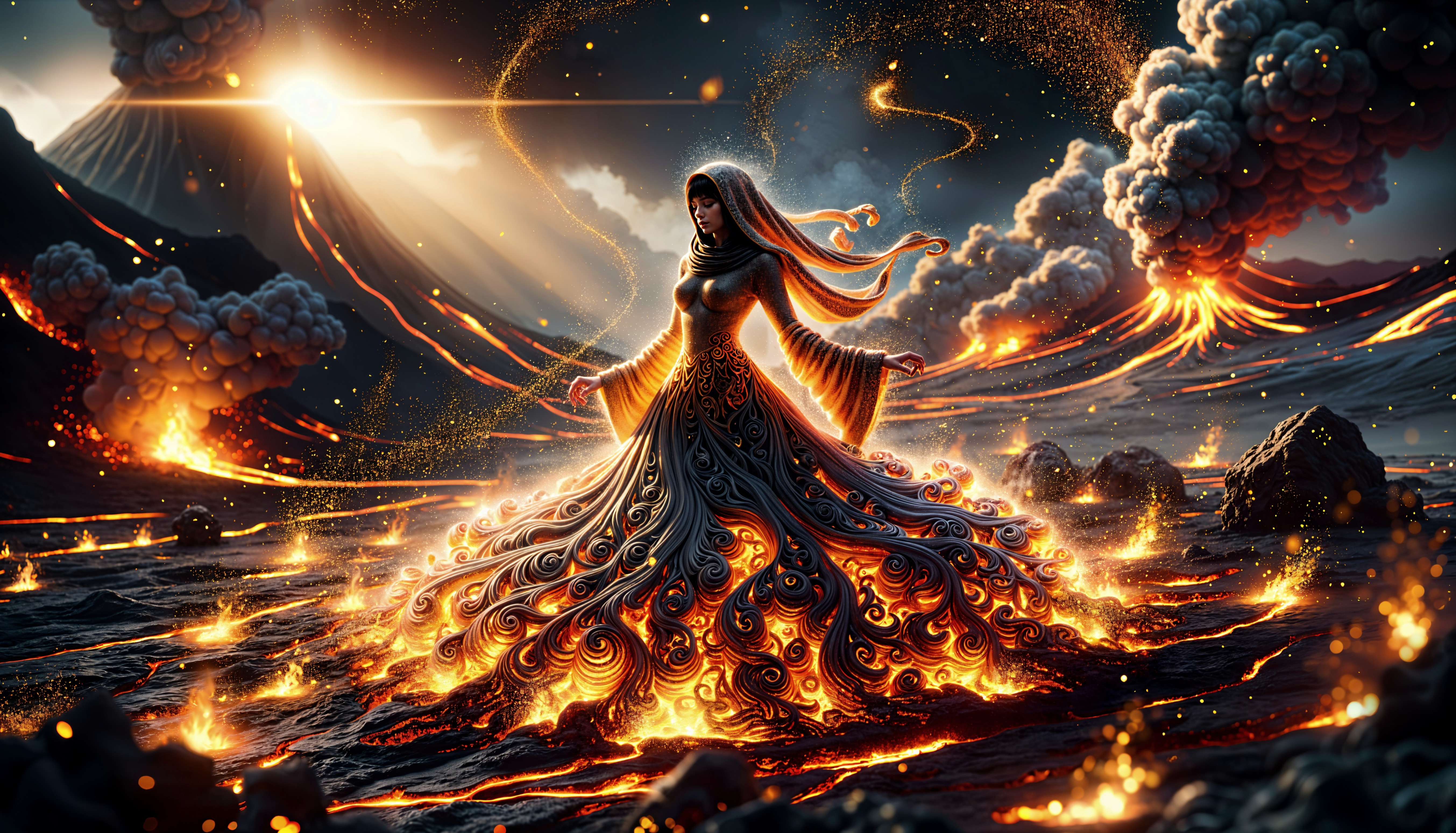 Mystical Woman in Fiery Dress Amidst Volcanic Landscape
