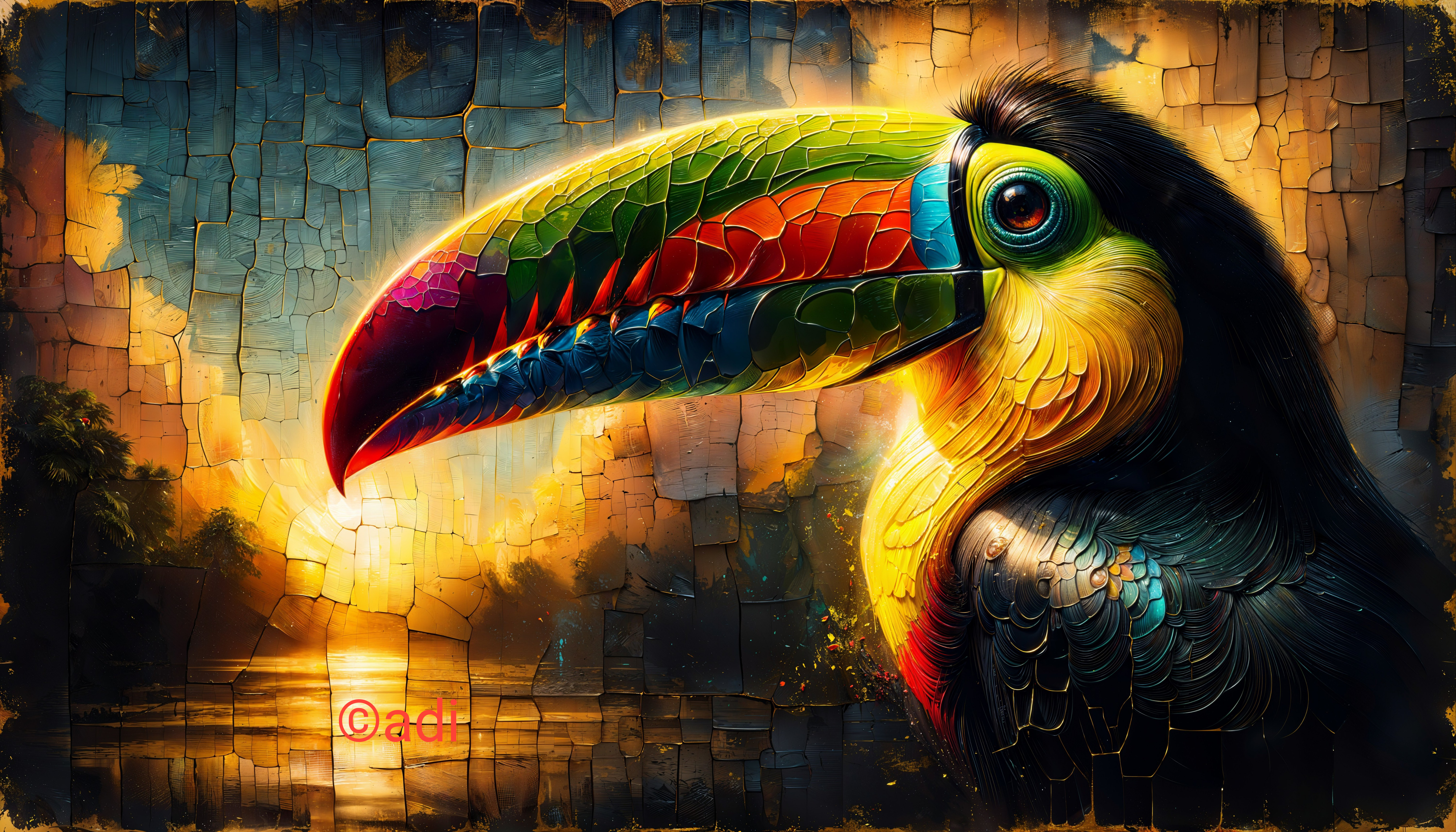 Colorful Toucan Against Sunset Landscape Background