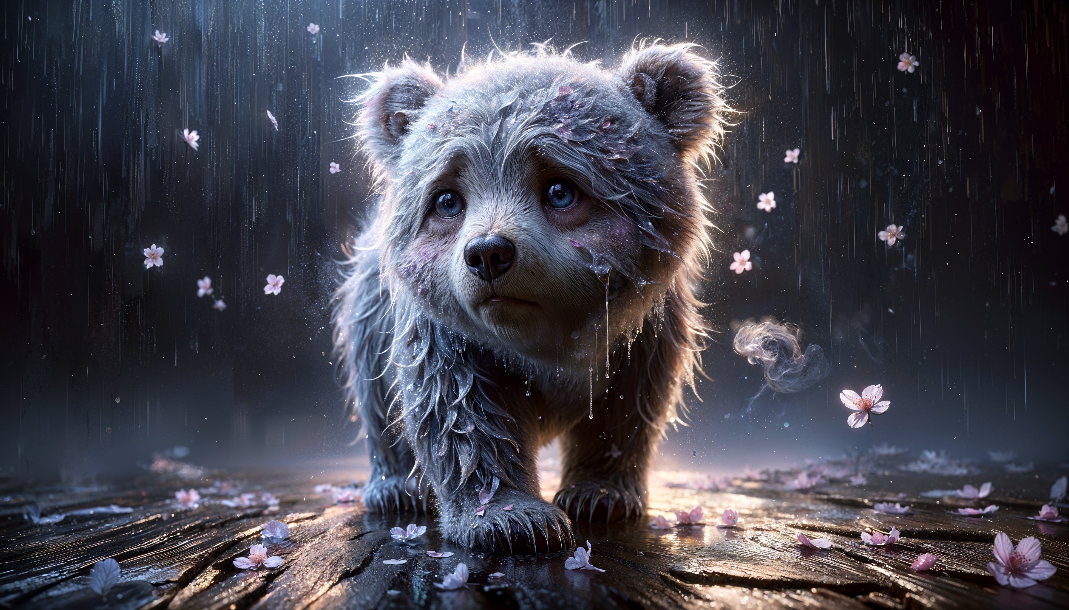 Fluffy panda in rain with cherry blossom petals