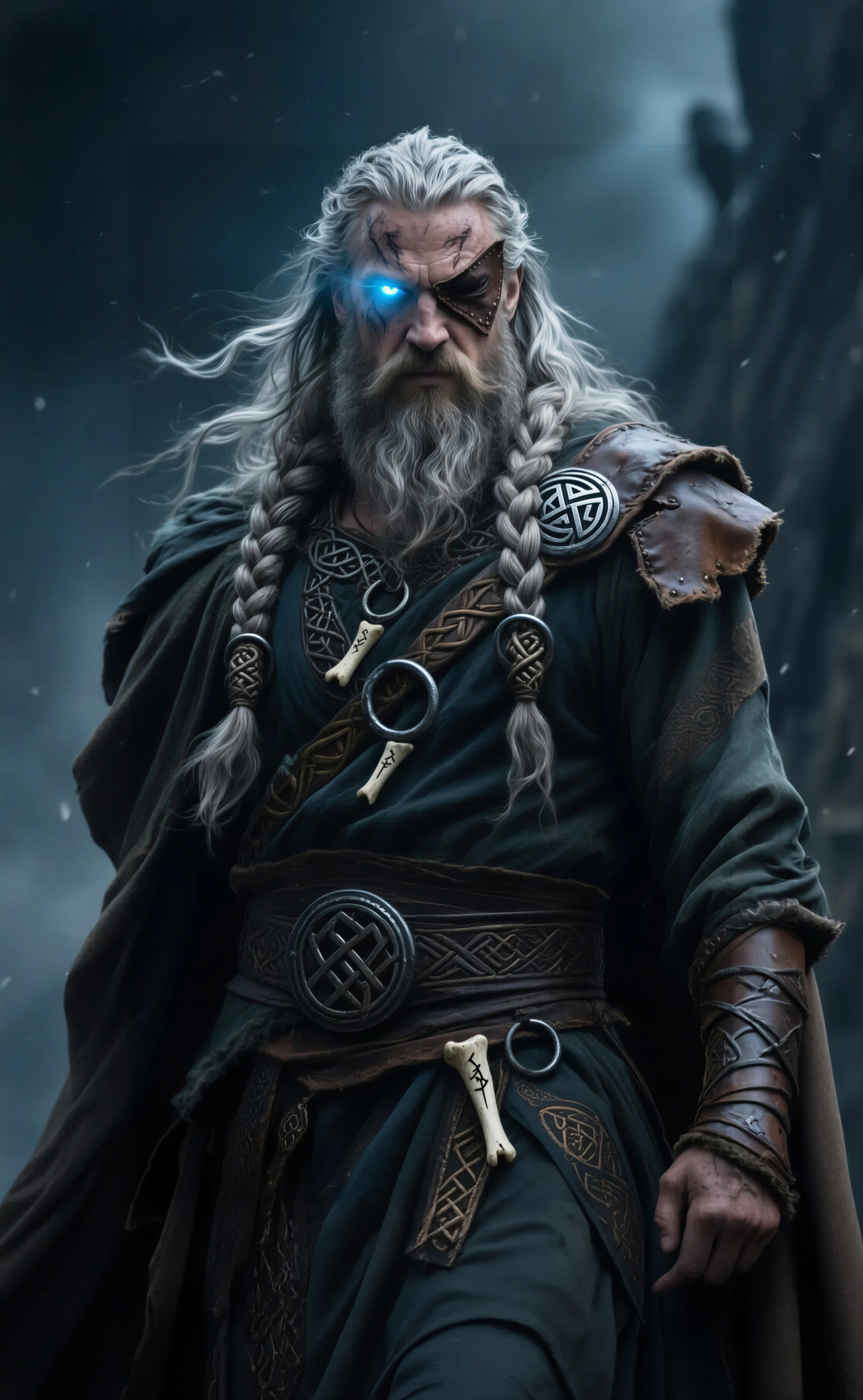 Fierce warrior with gray hair in misty setting