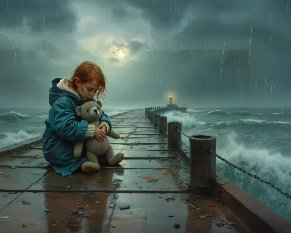 Young girl in blue raincoat on wet pier with teddy bear