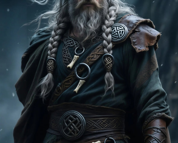 Fierce warrior with gray hair in misty setting