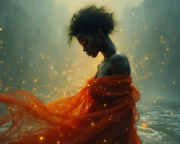 Silhouette of a Woman in Flowing Orange Dress Amid Rain