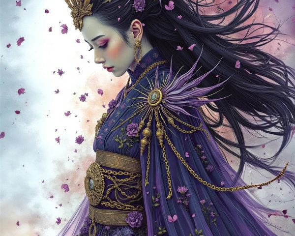 Graceful figure in purple gown with floral patterns