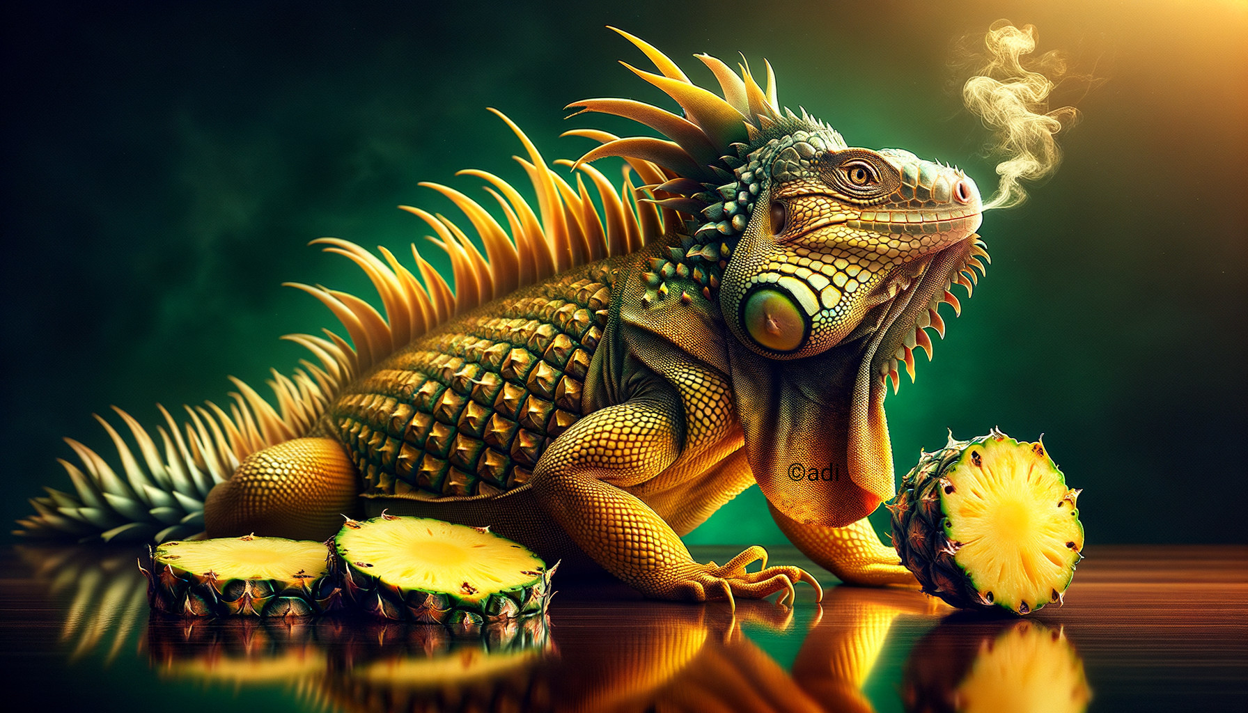 Dragon-like Iguana with Golden Scales and Pineapple