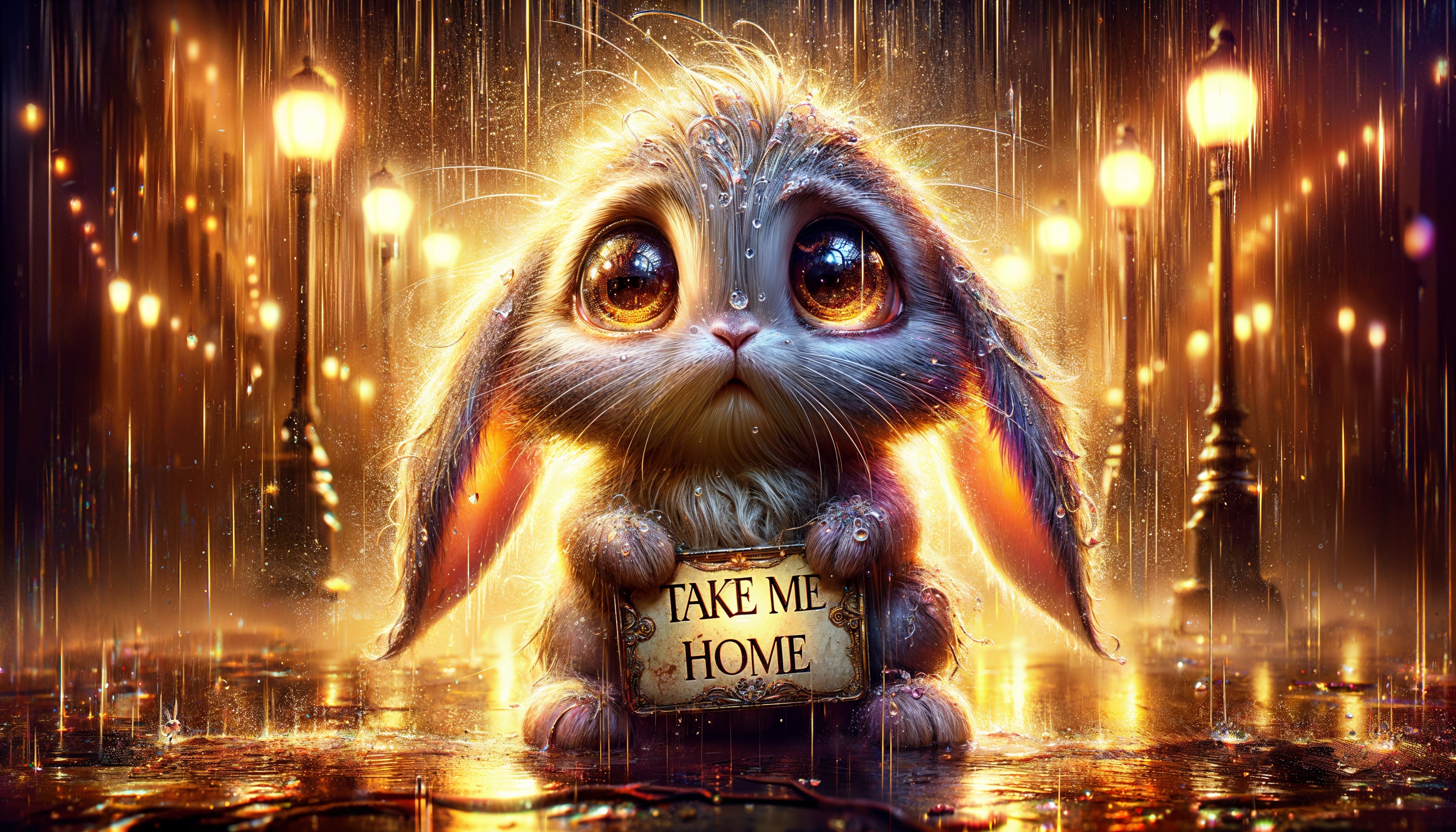 Oversized-eyed bunny in a rainy illuminated street