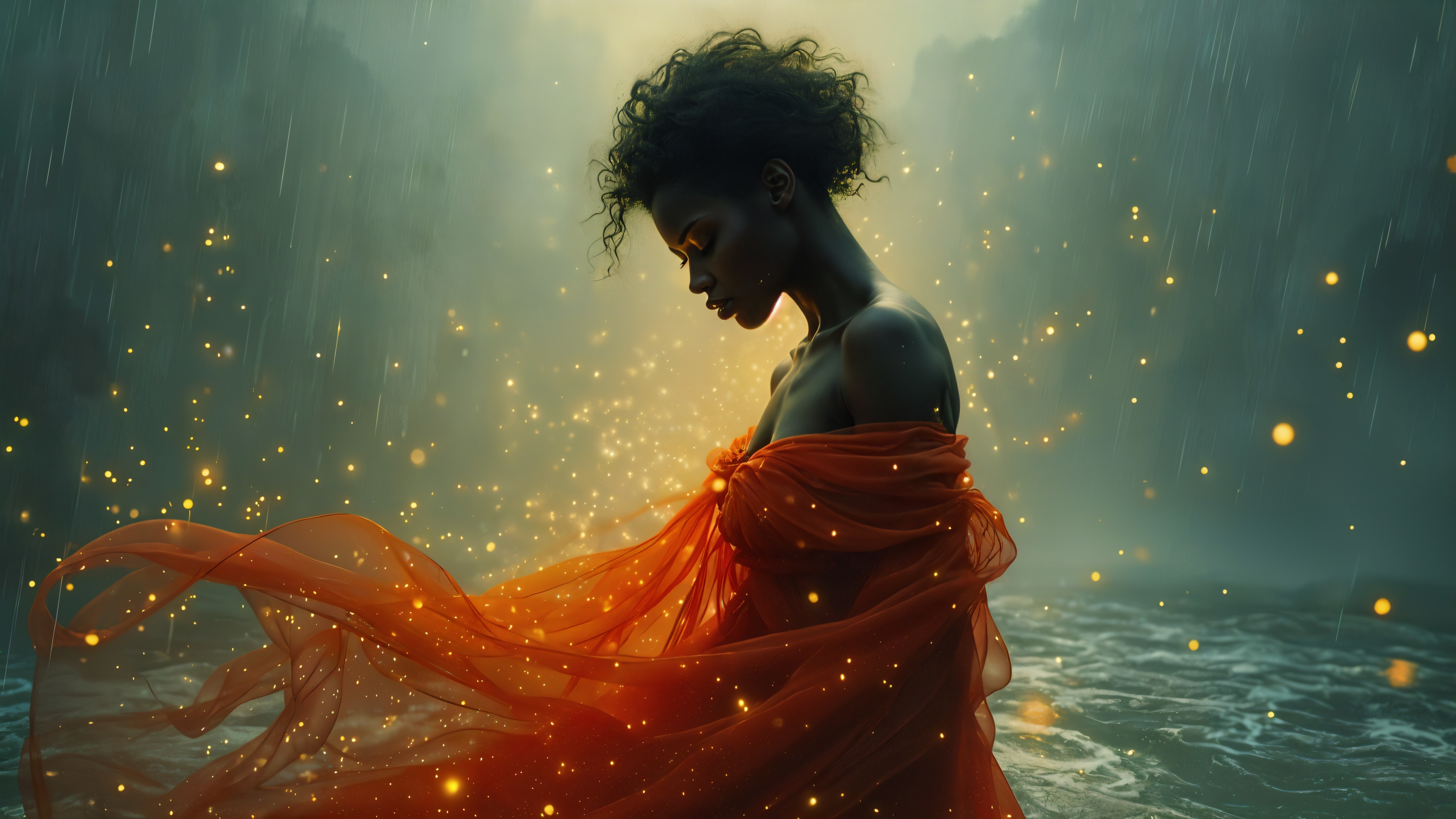 Silhouette of a Woman in Flowing Orange Dress Amid Rain
