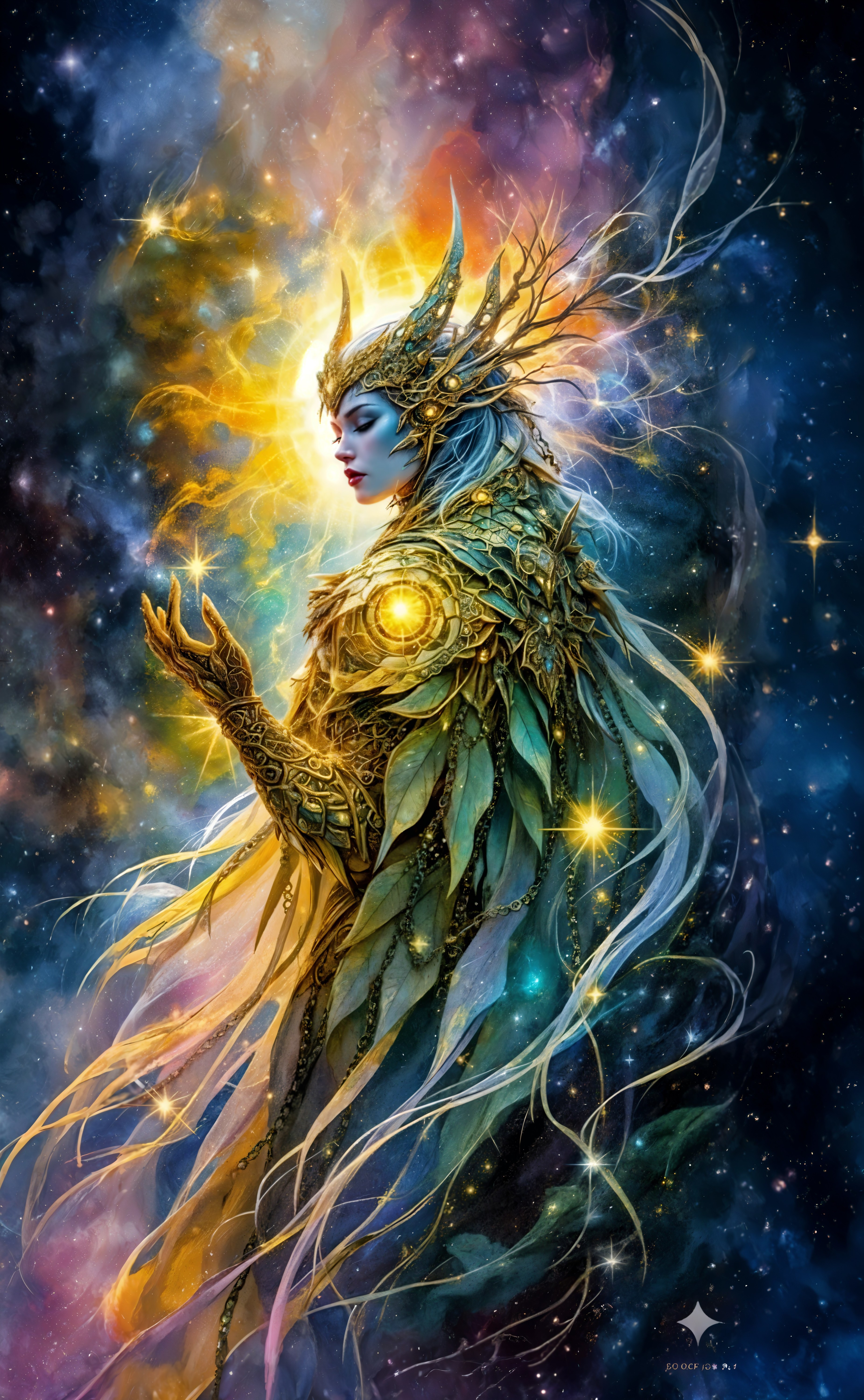 Cosmic Figure in Shimmering Armor Against Galactic Backdrop