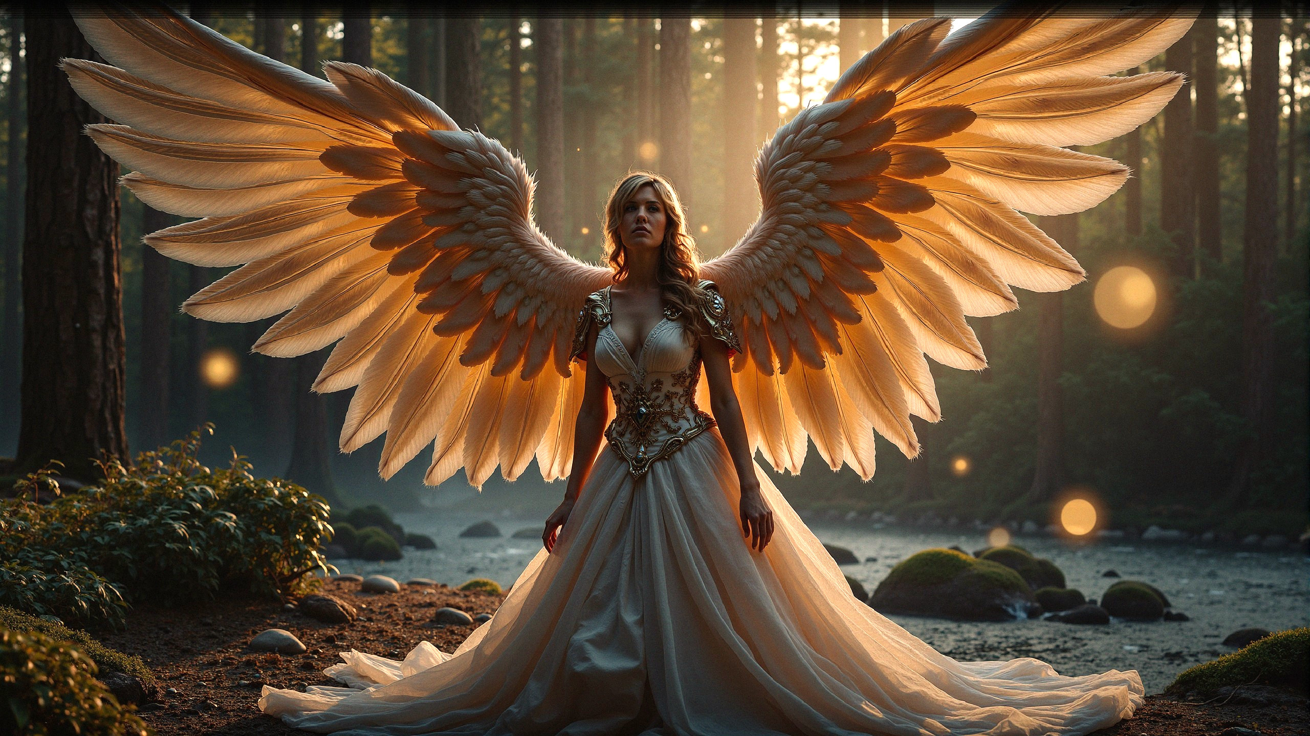 Majestic figure with wings in a serene forest setting