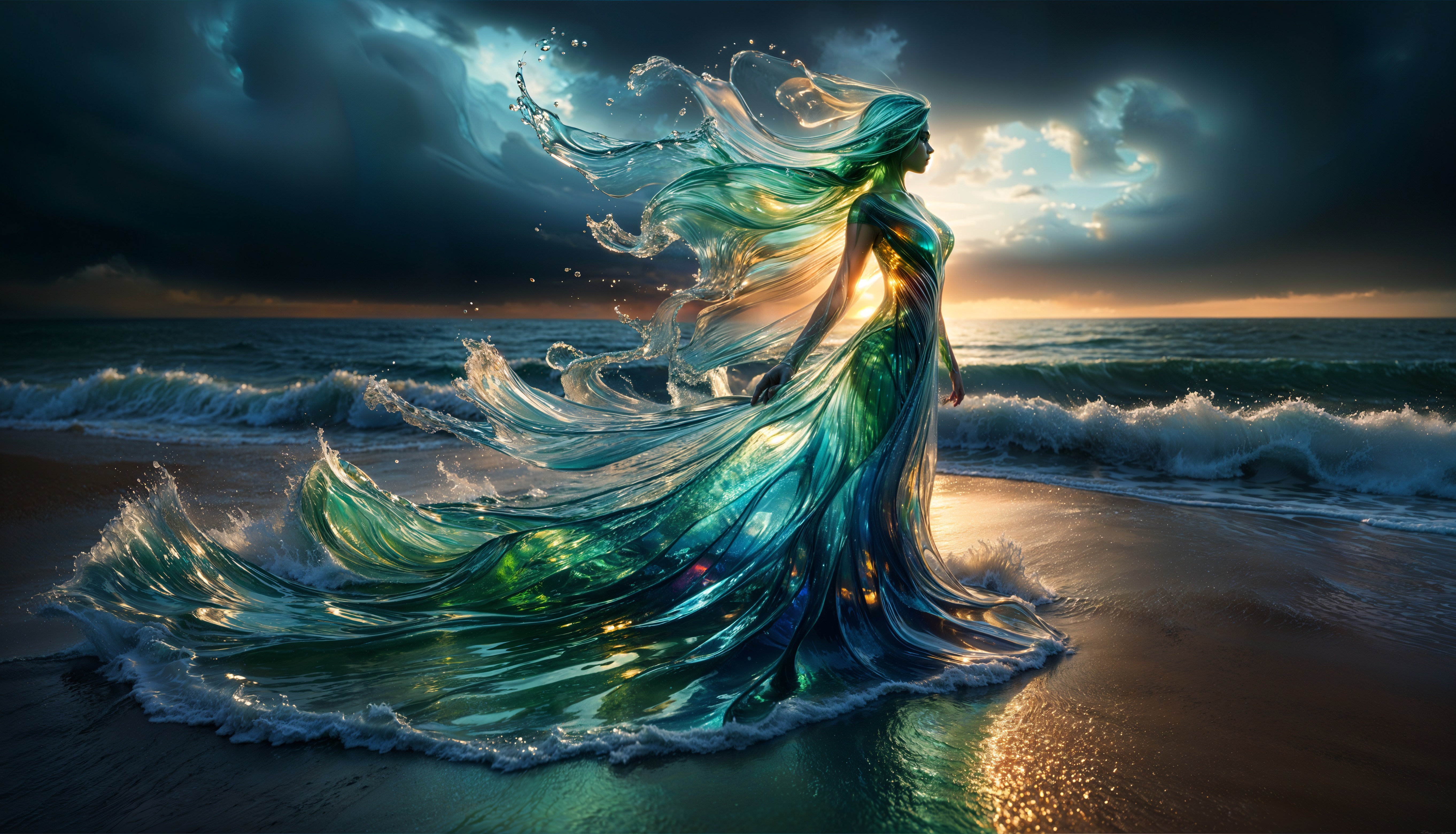 Mystical Figure on Shoreline in Flowing Wave Gown