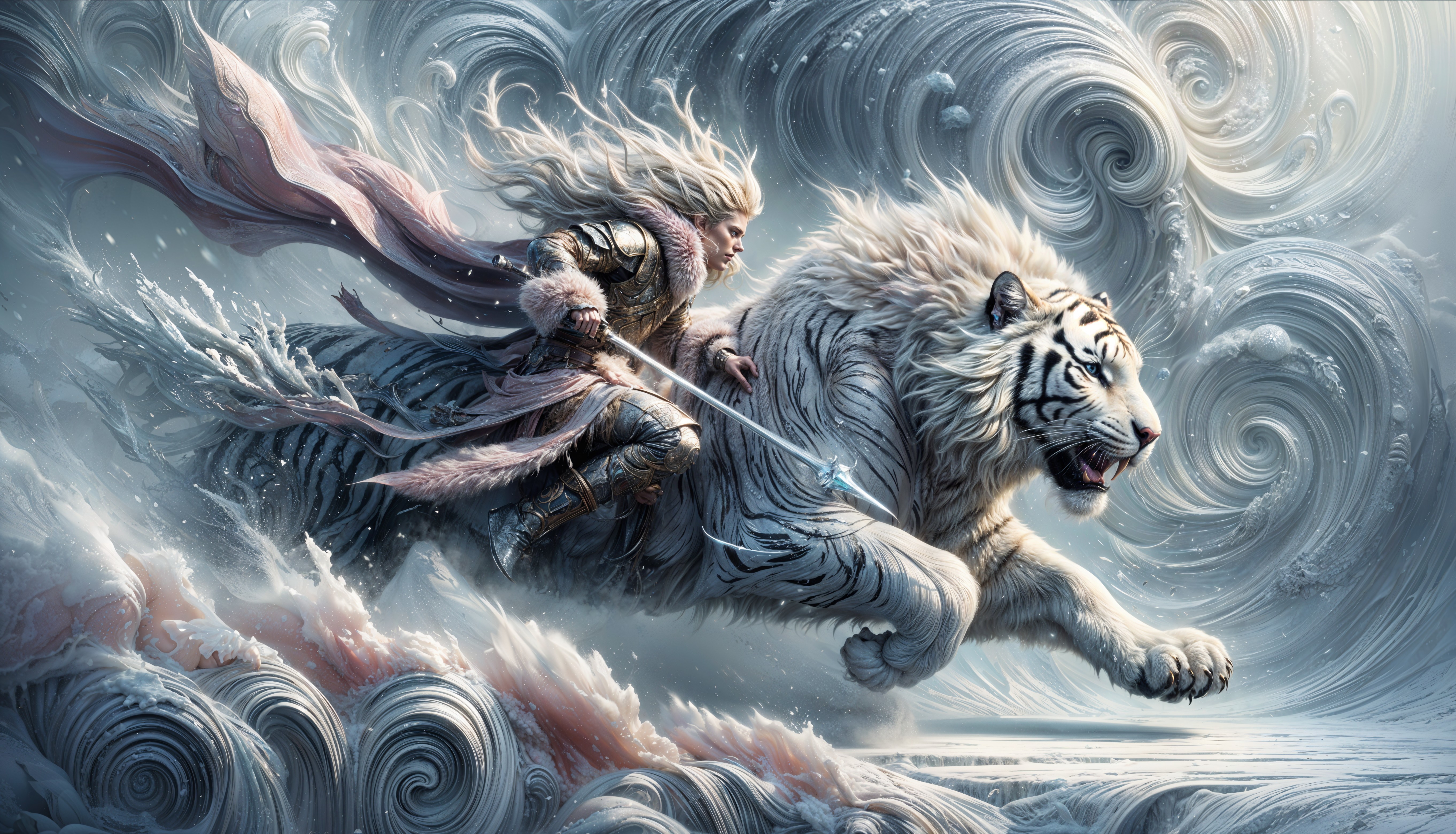 Warrior on White Tiger in Icy Landscape with Spear