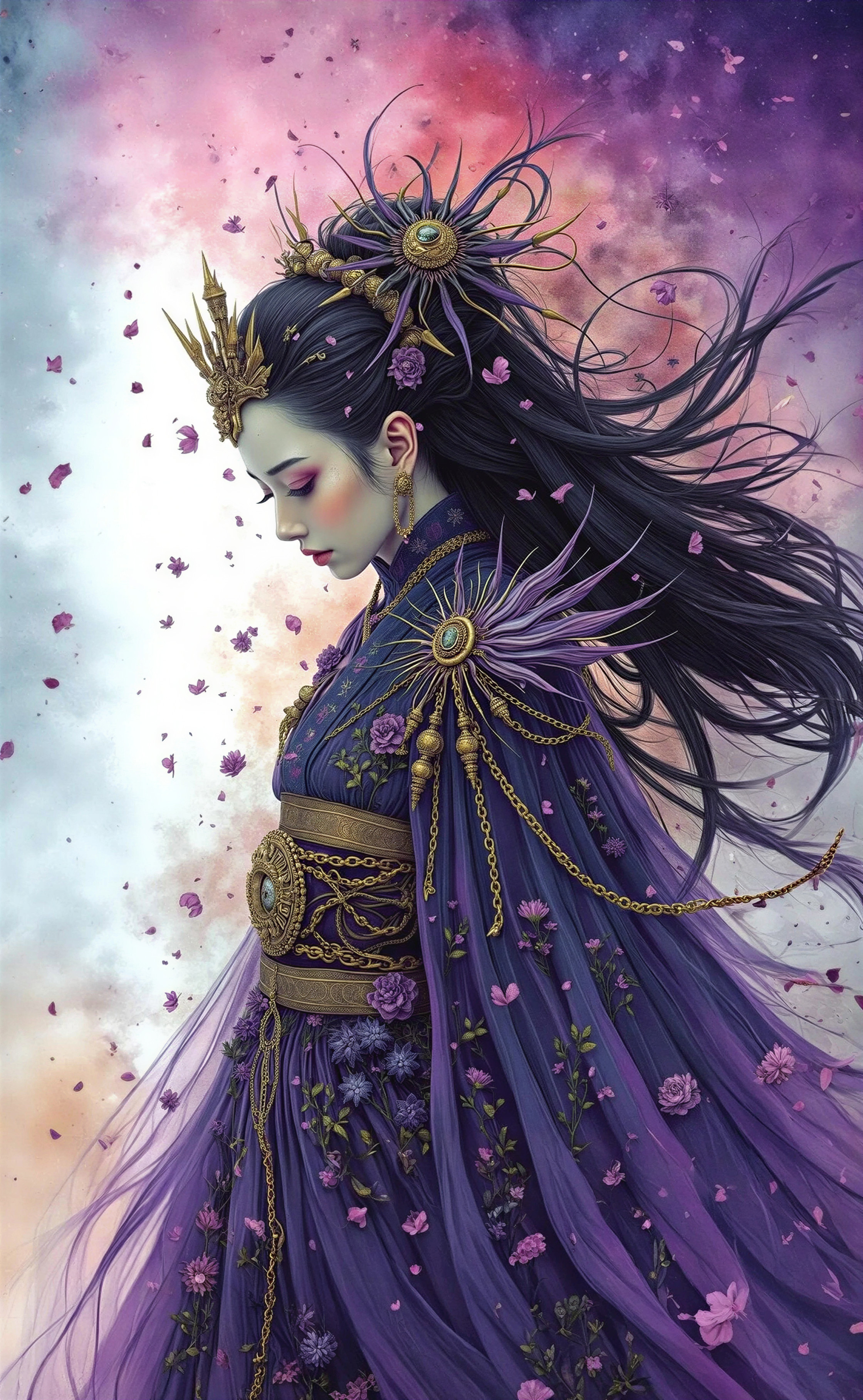 Graceful figure in purple gown with floral patterns