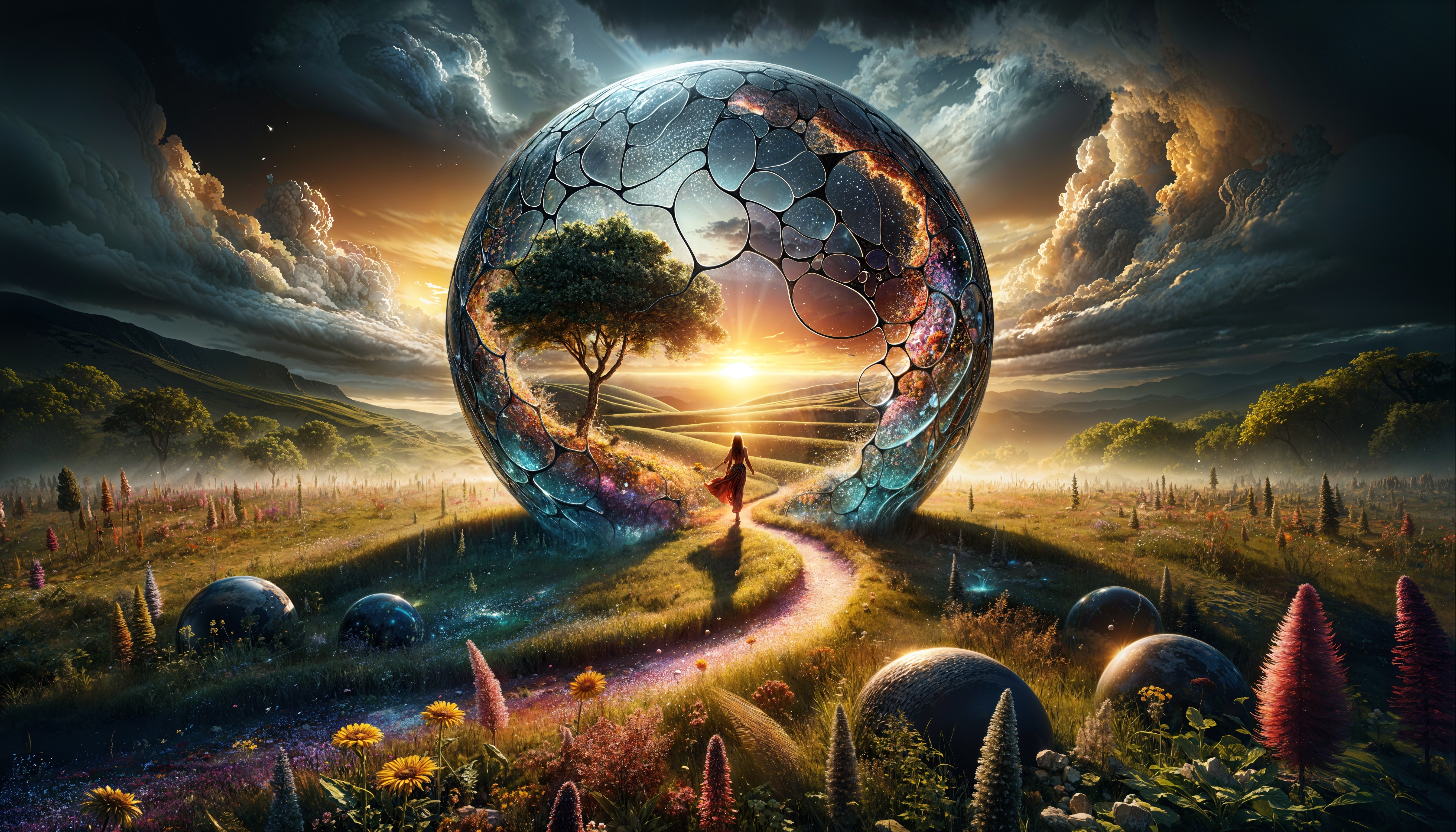 Fantastical landscape with giant cracked glowing orb