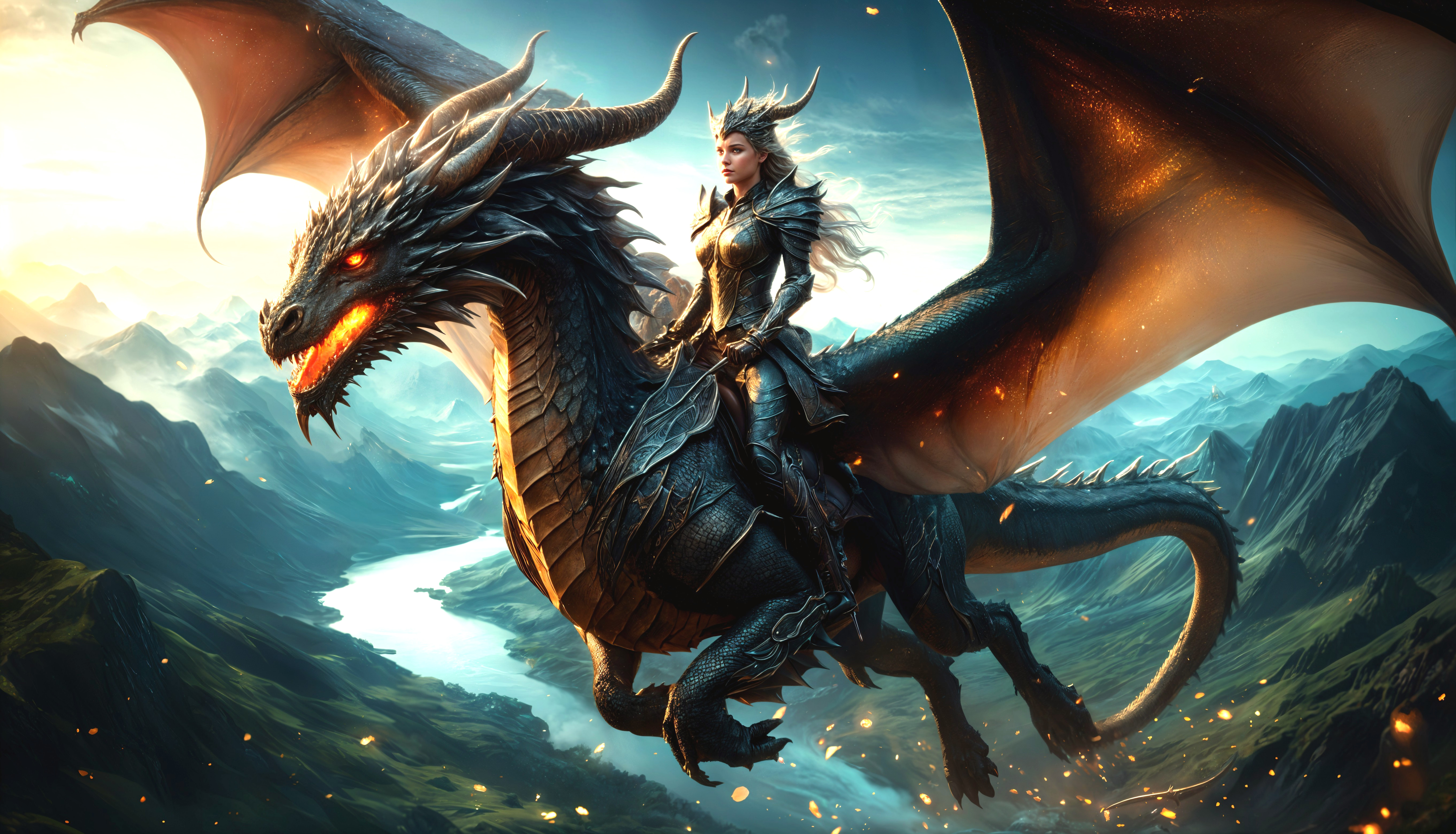 Warrior on Black Dragon Over Majestic Landscape