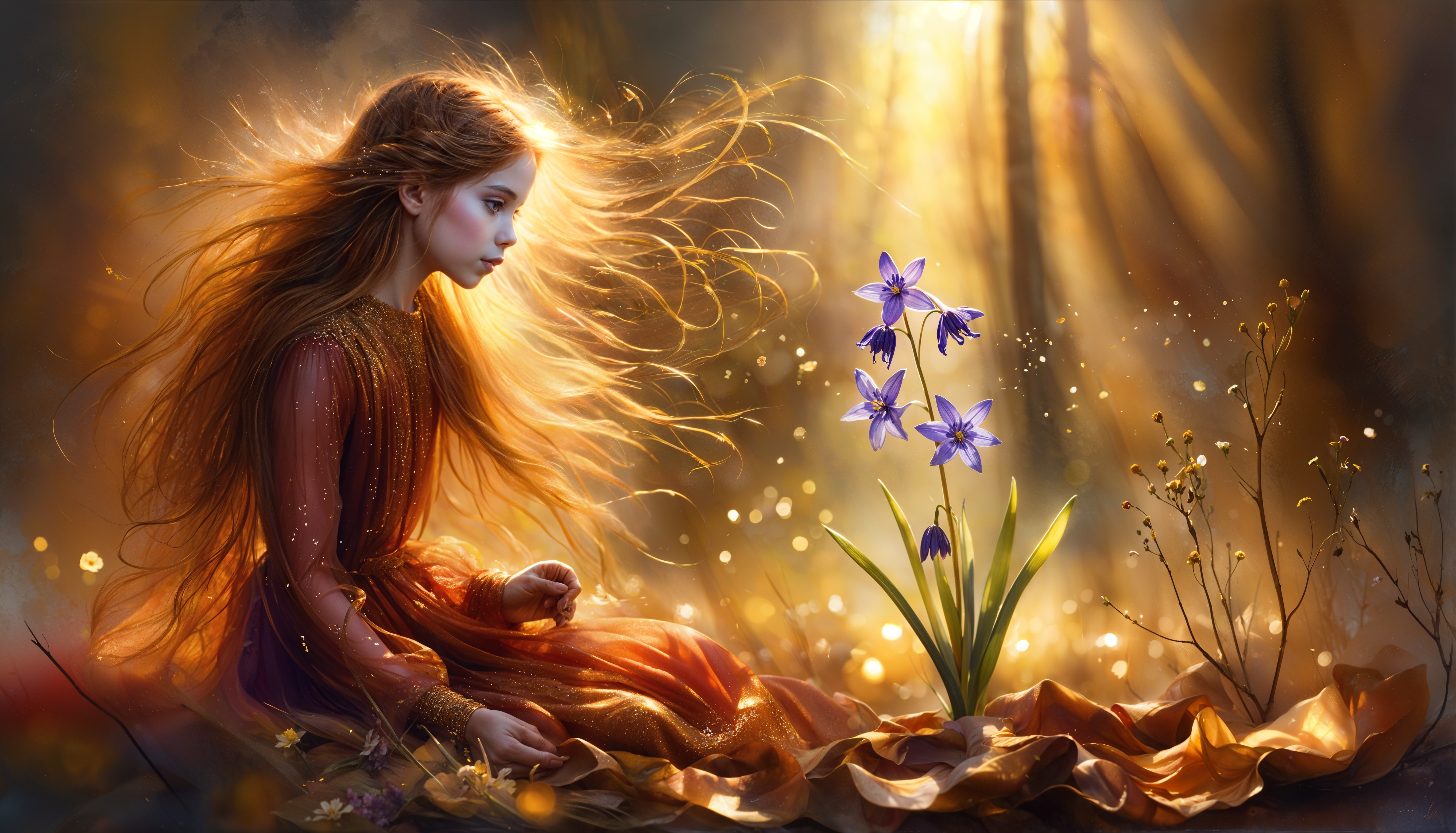 Young girl in orange dress admiring purple flowers in forest