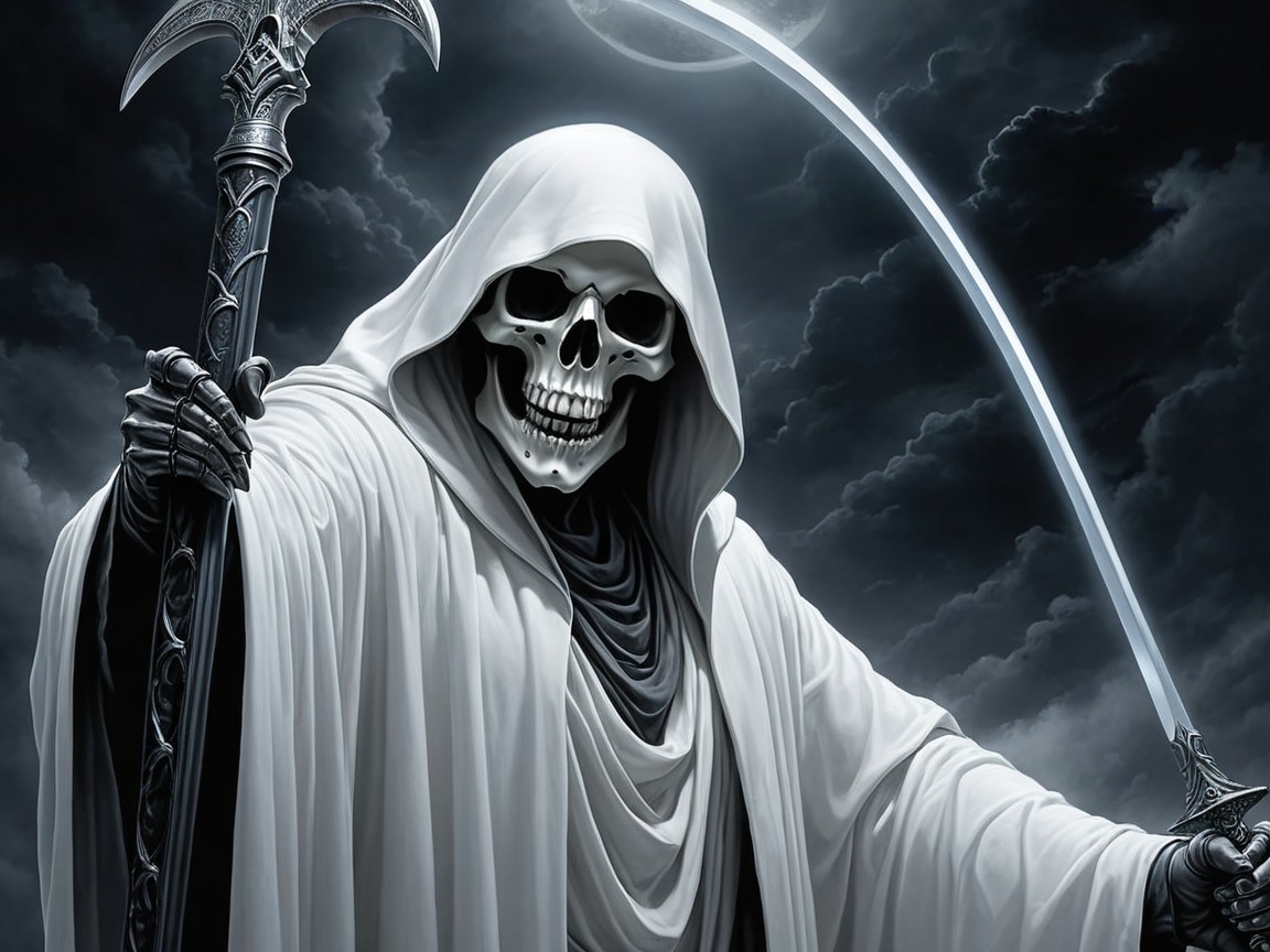 Hooded Skeletal Figure with Scythe Under Stormy Sky