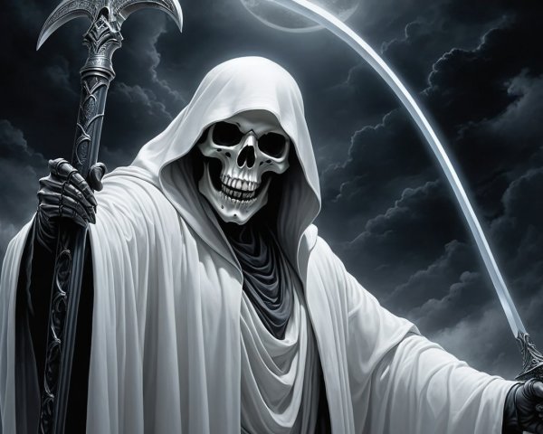 Hooded Skeletal Figure with Scythe Under Stormy Sky