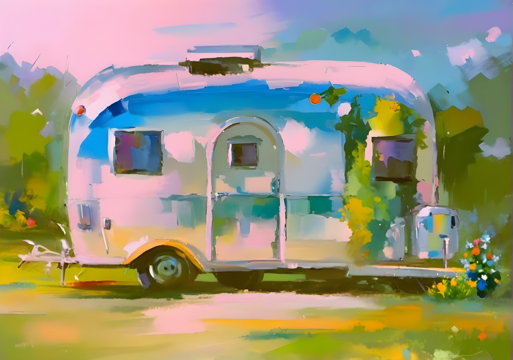 Vintage Trailer in a Pastel Landscape with Wildflowers