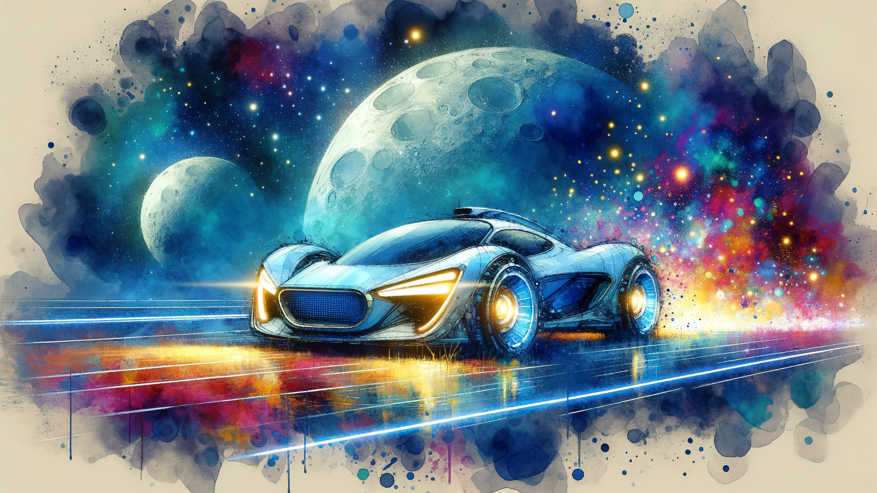Futuristic Sports Car in Cosmic Landscape Scene