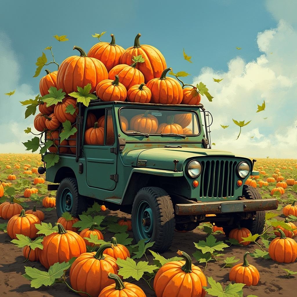 Vintage truck with pumpkins in a pumpkin patch