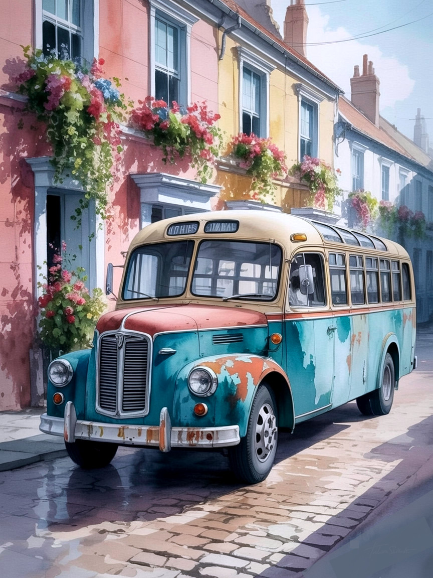 Vintage Bus on Cobblestone Street with Pastel Buildings
