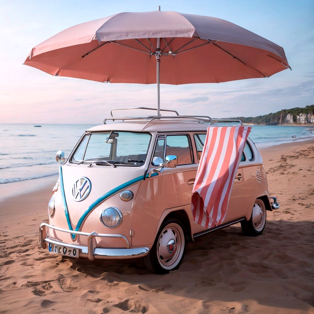 Vintage Volkswagen Van at a Beach with Umbrella