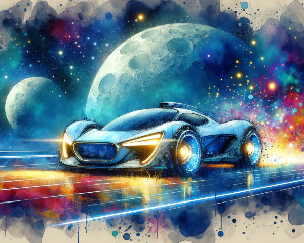Futuristic Sports Car in Cosmic Landscape Scene