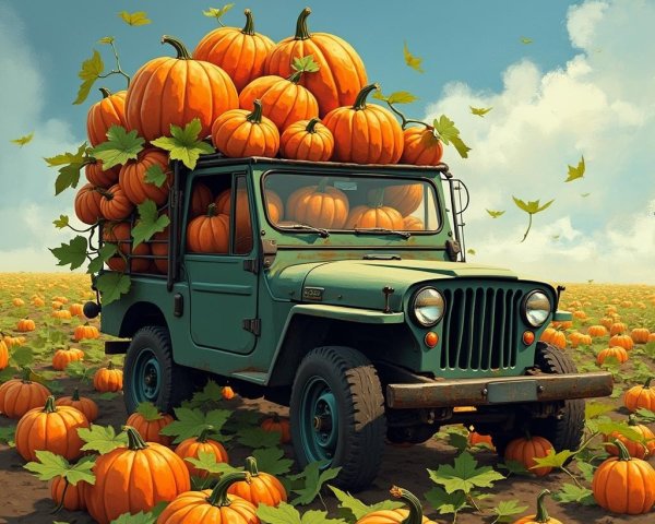 Vintage truck with pumpkins in a pumpkin patch