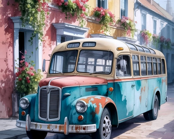 Vintage Bus on Cobblestone Street with Pastel Buildings