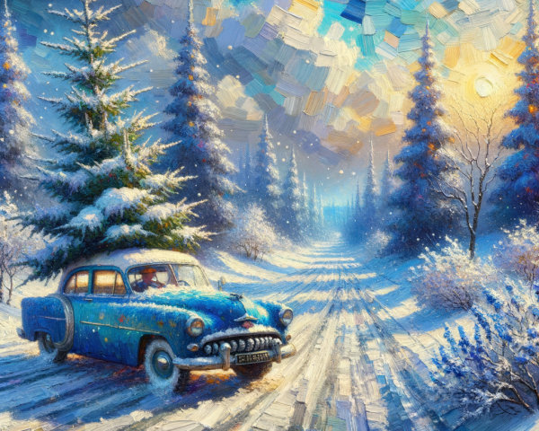 Vintage Blue Car in a Snowy Winter Landscape