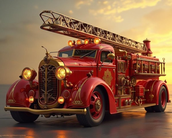 Vintage fire truck in sunset with golden detailing