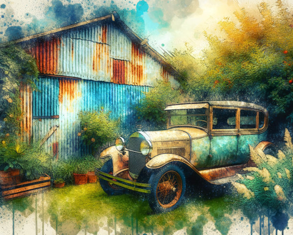 Vintage 1920s Car Next to Rustic Weathered Barn
