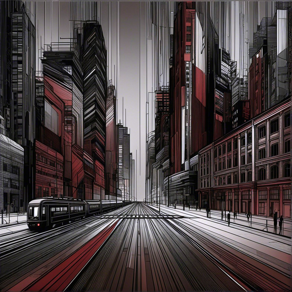 Futuristic cityscape with skyscrapers and light rail