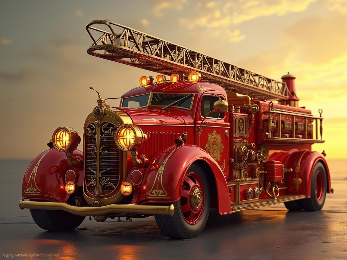Vintage fire truck in sunset with golden detailing