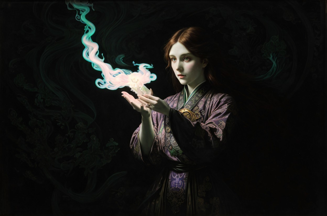 Young Woman in Purple Kimono with Glowing Entity