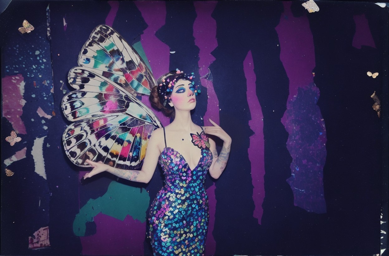 Model in Sequined Dress with Butterfly Wings and Colors