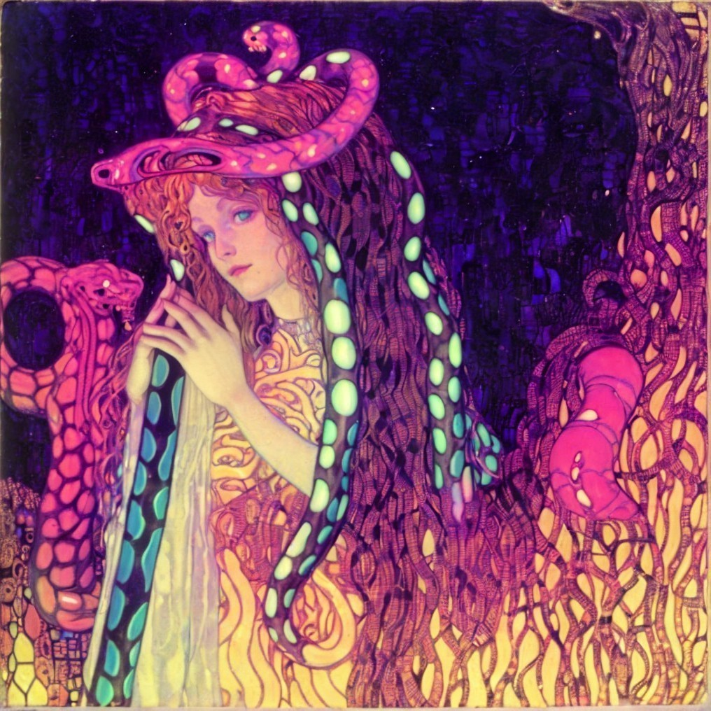Art Nouveau style illustration of woman with flowing hair entwined by colorful sea creature in intricate background