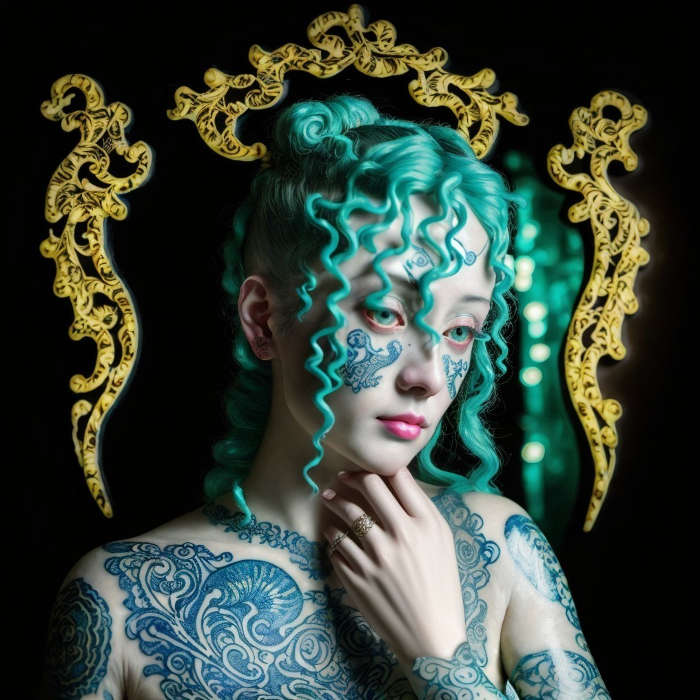 Woman with teal hair and blue body art on black background