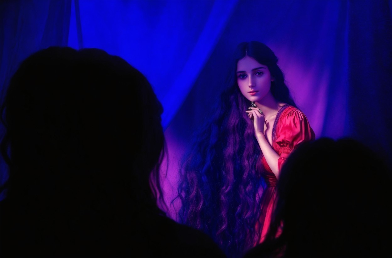 Woman in Red Dress Under Soft Purple and Blue Light