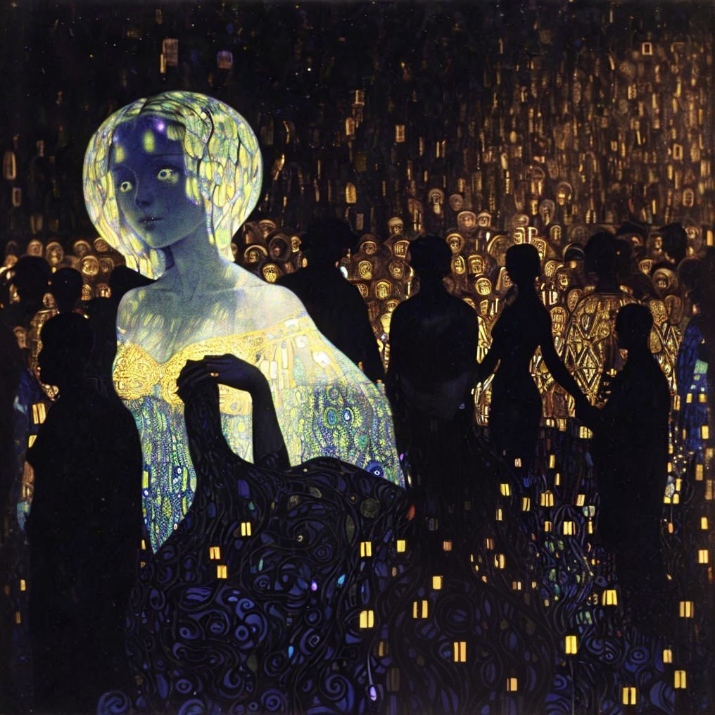 Luminous Figure Surrounded by Shadowy Silhouettes