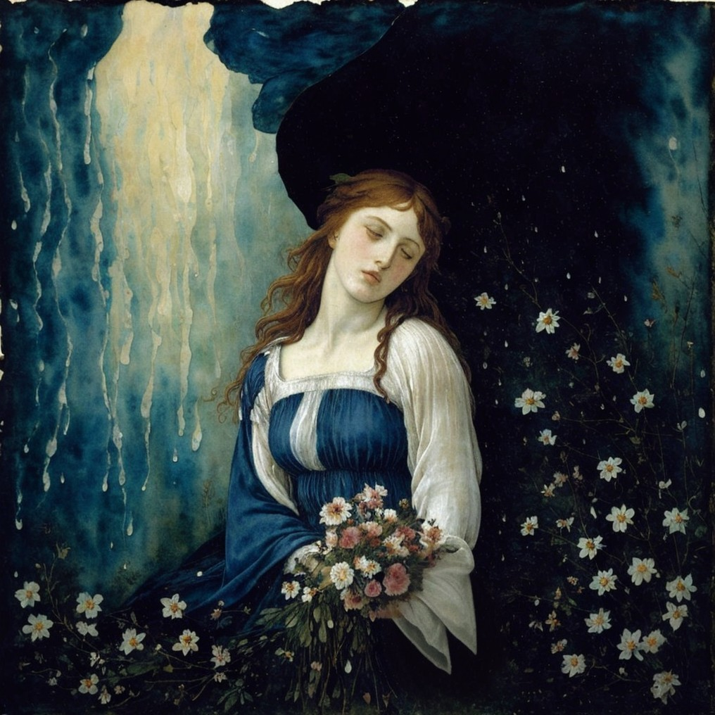 Melancholic Woman with Flowers by Cascading Water